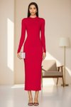 Kırmızı Midi İpek Jarse Astarlı Bisiklet Yaka Elbise