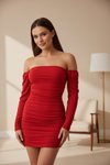 Kırmızı Mini Drapeli Büzgülü Kollu Astarlı Abiye Elbise
