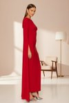 Kırmızı Uzun Sırt Dekolteli Pelerin Kol İpek Jarse Abiye Elbise