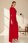 Kırmızı Uzun Sırt Dekolteli Pelerin Kol İpek Jarse Abiye Elbise