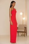 Kırmızı Uzun Spagetti Askılı Yırtmaçlı İpek Jarse Abiye Elbise