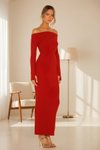 Kırmızı Uzun Straplez Yandan Fermuarlı Parmak Geçmeli Elbise