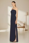 Lacivert Uzun Straplez Yırtmaçlı Astarlı Abiye Elbise