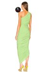 Neon Yeşili Uzun Asimetrik Tek Omuz Büzgülü Drapeli Abiye Elbise