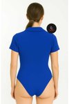 Saks Mavi Kısa Kollu Patlı Yakalı İpek Jarse Body