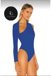 Saks Mavisi Omuz Büzgülü Ön Dekolteli Jarse Body