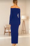 Saks Mavisi Uzun Madonna Yaka Parmak Geçmeli İpek Jarse Abiye Elbise