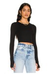Siyah İpek Jarse Parmak Geçmeli Crop Top