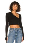 Siyah İpek Jarse Parmak Geçmeli Yaka Detaylı Crop Top