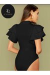 Siyah İpek Jarse Volanlı Kol Bodysuit