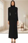 Siyah Uzun İpek Jarse Kendinden Kuşaklı Fermuarlı Elbise
