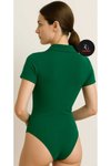 Yeşil Zümrüt İpek Jarse Kısa Kollu Patlı Yakalı Body
