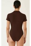 Kahverengi Kısa Kollu İpek Jarse Patlı Yakalı Body