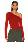 Opaque Silk Jersey Thumbhole Neck-Detail Bodysuit - Red