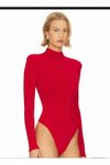 Kırmızı Yarım Balıkçı Yaka Çift Katlı İç Göstermez İpek Jarse Body
