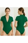 Yeşil Zümrüt İpek Jarse Kısa Kollu Patlı Yakalı Body