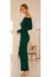 Zümrüt Yeşili Uzun Madonna Yaka Yırtmaçlı Abiye Elbise