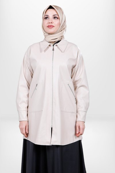 Modest Leather-Pocket Jacket - Beige