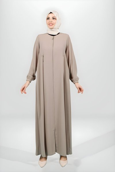 Draped Bar Button Abaya - Beige