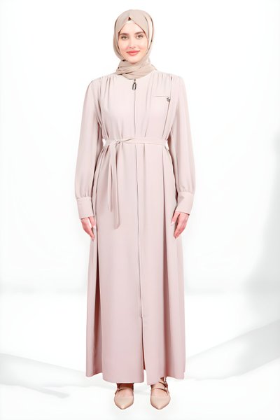 Zippered Pocket-Detail Ferace with Detachable Belt - Beige