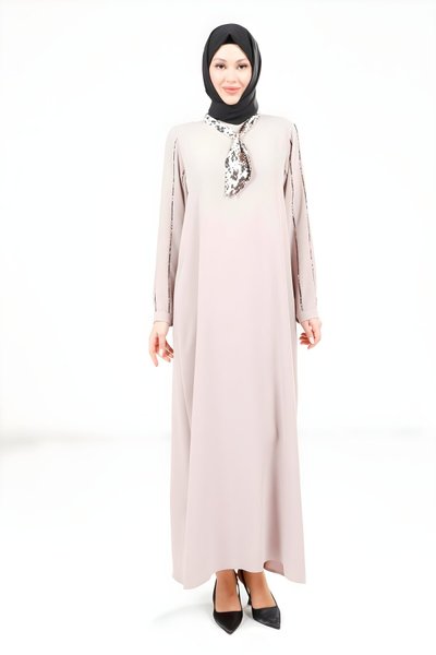 Modest Scarf-Detail Dress - Beige