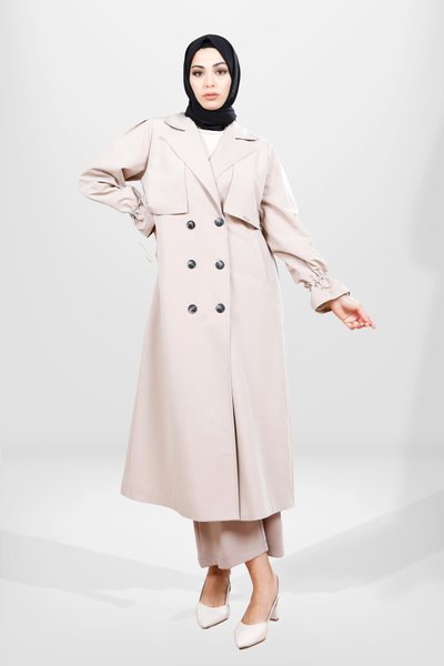 Bej Kolu Büzgülü Sırt Detaylı Trençkot