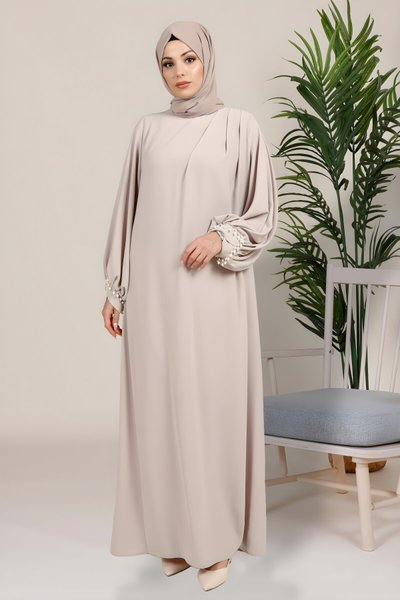 Oriental Sleeve Pleated Pearl-Detail Modest Evening Dress - Beige