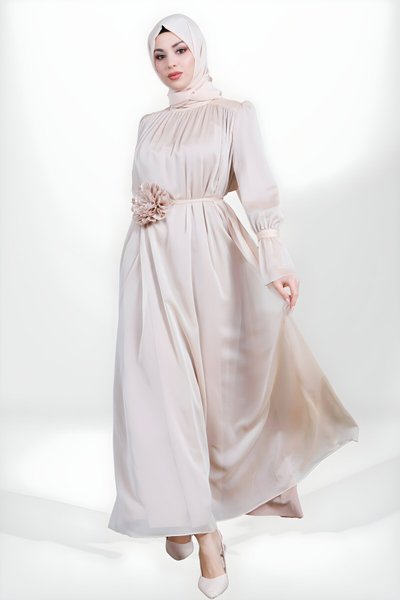 Modest Chiffon Ruffle-Sleeve Evening Dress with Rose Detail - Beige
