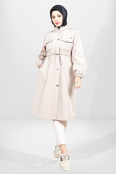 Bej Su Geçirmez Cepli Trençkot