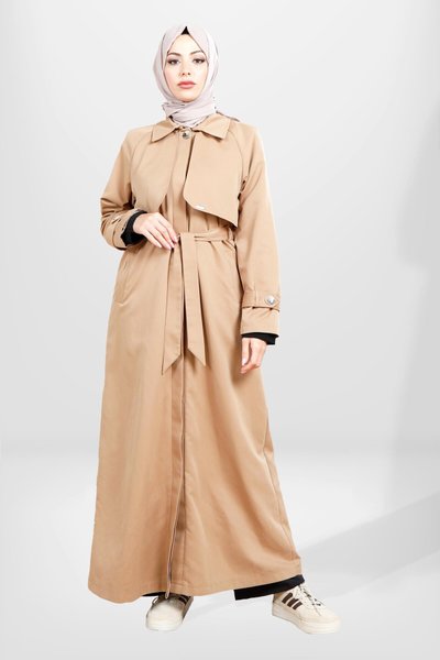 Bej Tam Boy Rüzgarlık Detaylı Kuşaklı Trençkot