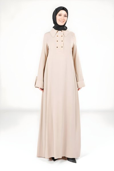Modest Collared Button-Detail Dress - Beige