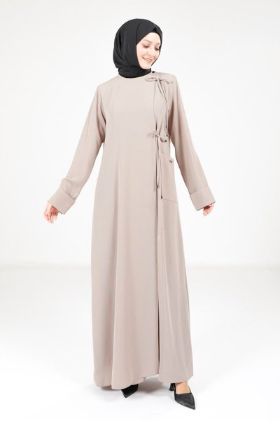 Bej Yandan Bağlama Detaylı Ferace