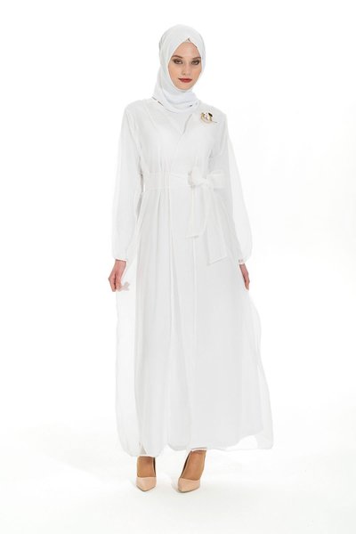 Beyaz Organze Kuşaklı Abaya Takım Ferace