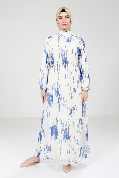Beyaz Saks Mavi Baskılı Tesettür Elbise