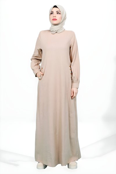 Crew Neck Linen Beaded Pocket Detail Modest Dress - Camel