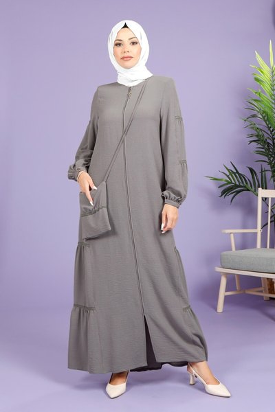 Gri Aerobin Sinem Şerit Dantelli Seyyar Çantalı Ferace