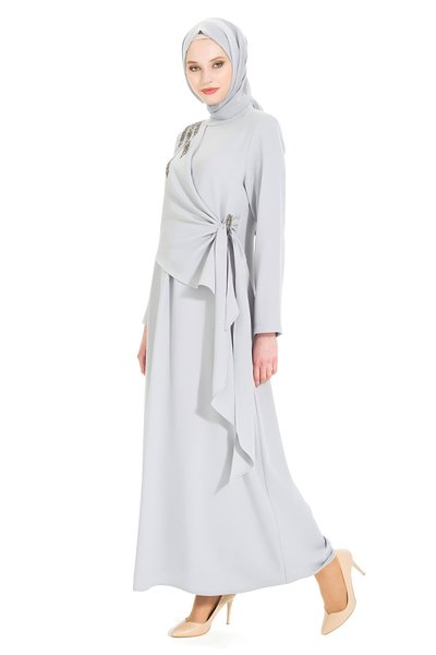 Gri Sonay Omuzdan Taş Detaylı Tesettür Elbise