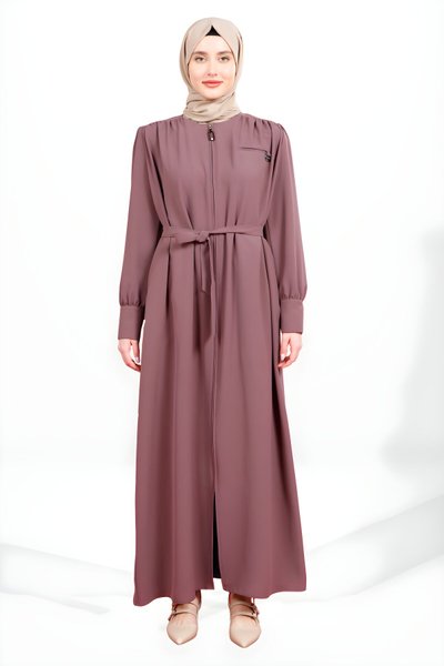 Zip-Up Abaya with Detachable Belt and Pockets - Dusty Rose
