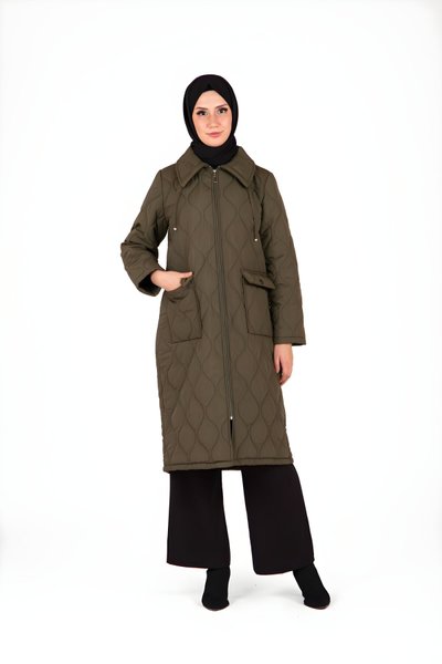 Haki Kapitone Yakası Bağcık Detaylı Kaban