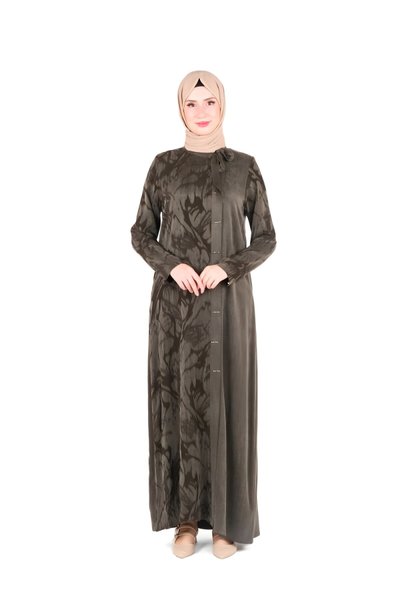 Haki Kendinden Desenli Kurdele Detaylı Tesettür Elbise