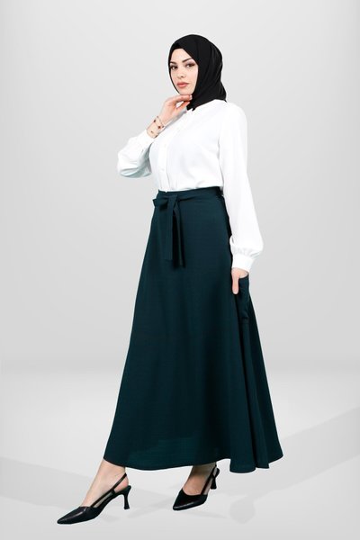 Haki Kloş Kesim Beli Kuşaklı Cep Detaylı Tesettür Etek