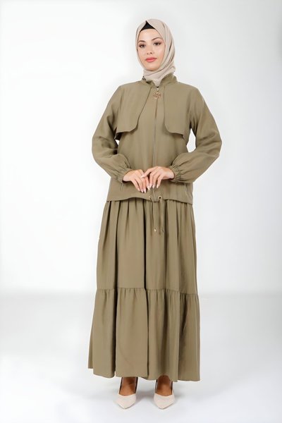 فستان محتشم كاكي مزود بسحاب وأكمام مطاطية