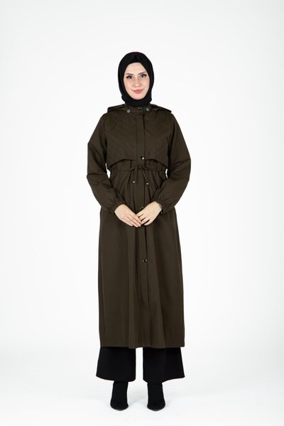 Haki Seyyar Kapüşonlu Trençkot