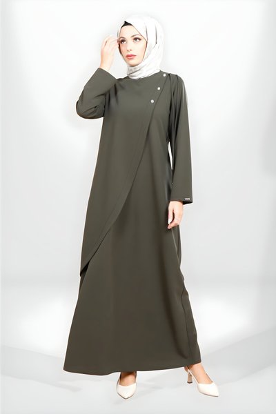 Modest Lace-up Shoulder Detail Dress - Khaki