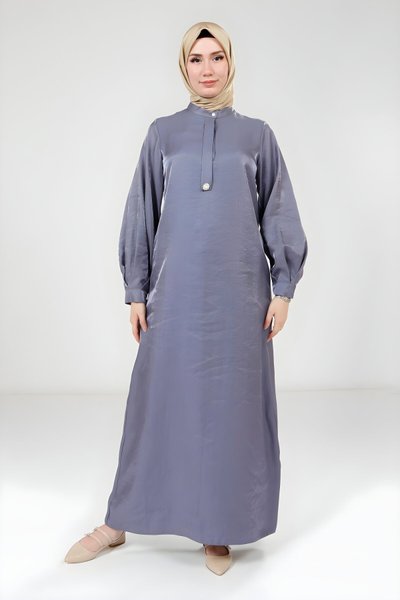 Shimmer Fabric Brooch-Detail Modest Dress - Indigo