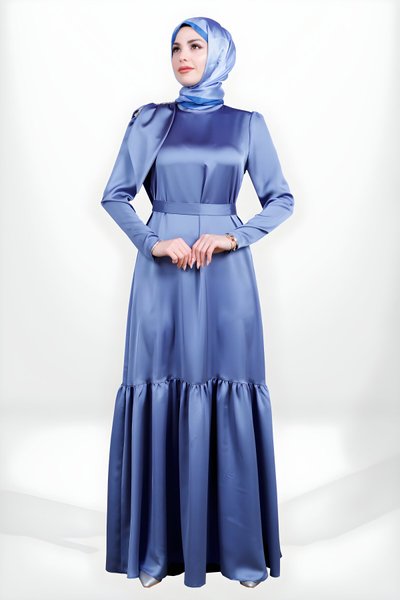 Modest Satin Belted Shoulder-Detail Evening Dress - Indigo