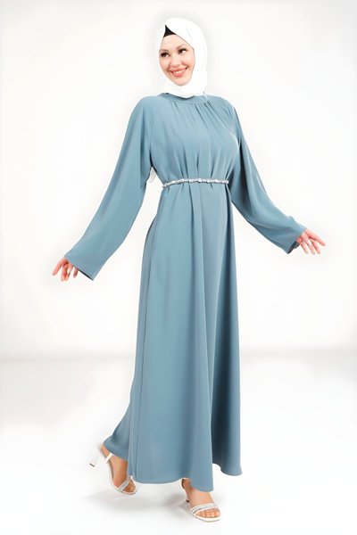 İndigo Tesettür Taş Kemer Detaylı Elbise