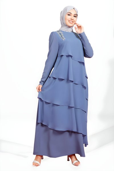Ruffled Stone-Detail Modest Dress - Indigo
