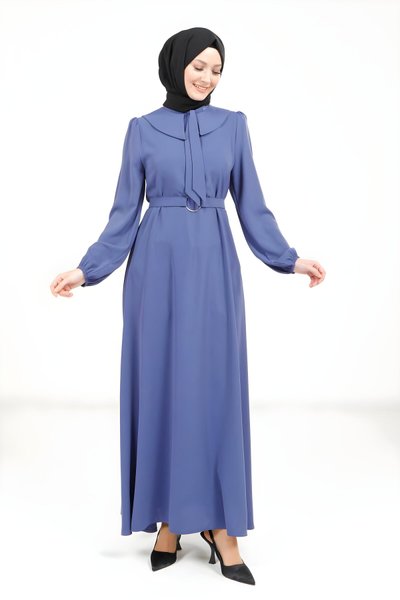 Modest Ribbon Collar Belted Dress - Indigo