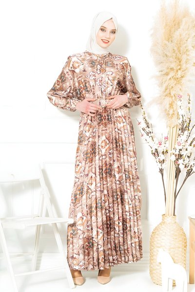 Modest Coffee Patterned Twill Silk Buttoned Belted Dress